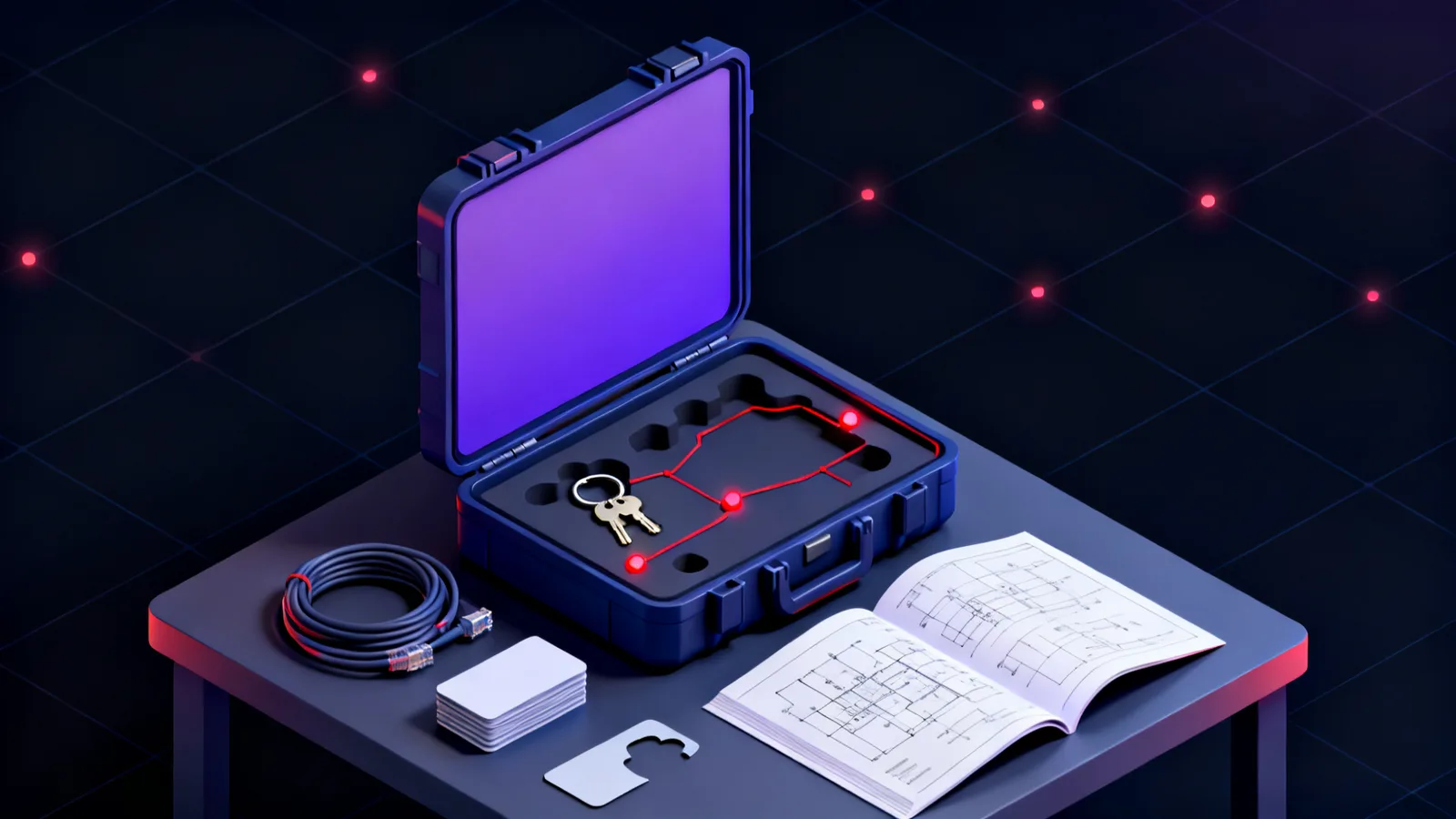 An open hard-shell case on a workbench, its shaped foam holding a ring of keys, a coiled network cable and a stack of blank access cards, one cutout still empty beside a folded diagram.