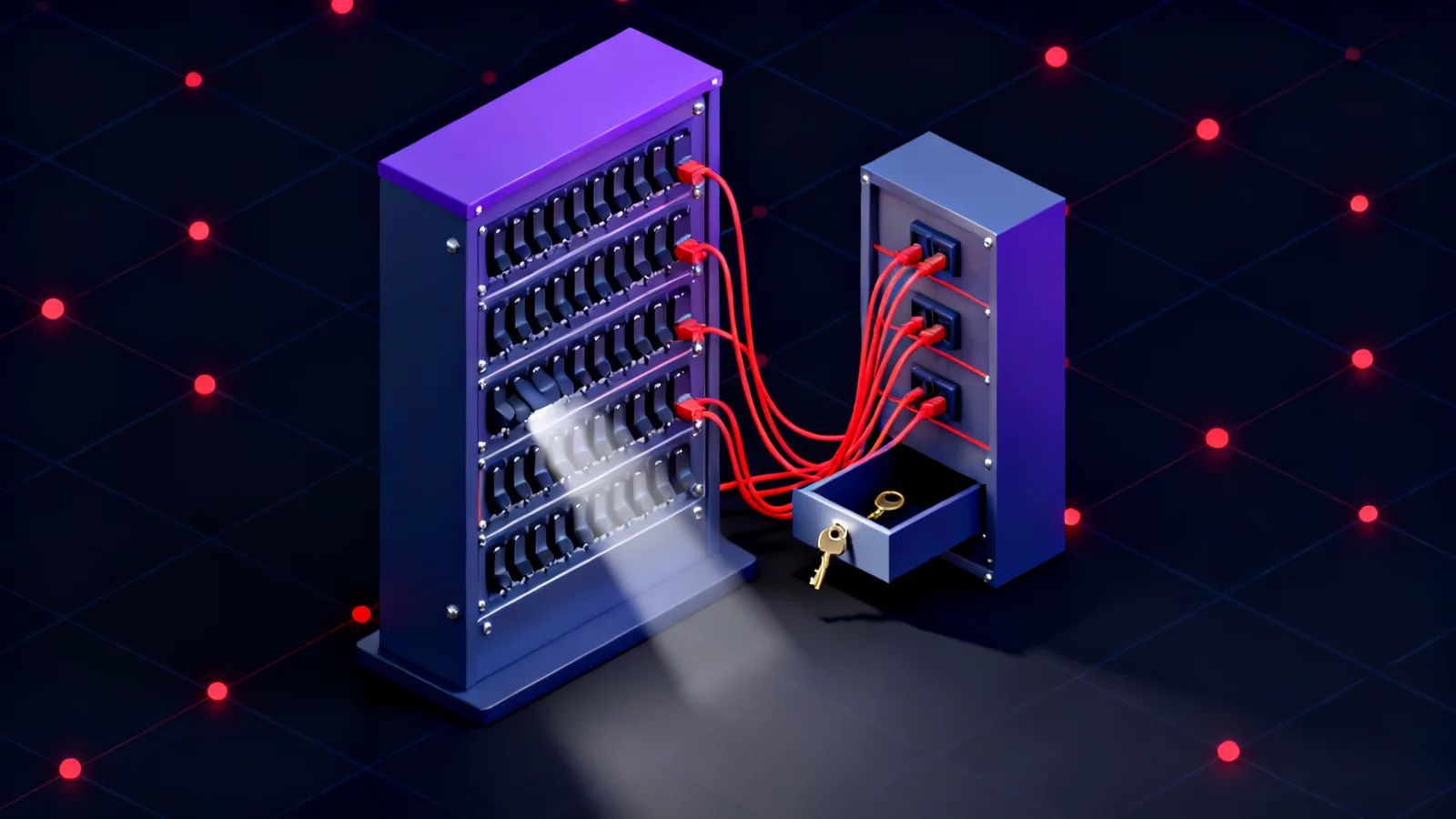 A steel switchboard with rows of labelled sockets, several patched with red cords running to a separate rack, and one socket left open with a brass key resting in it.