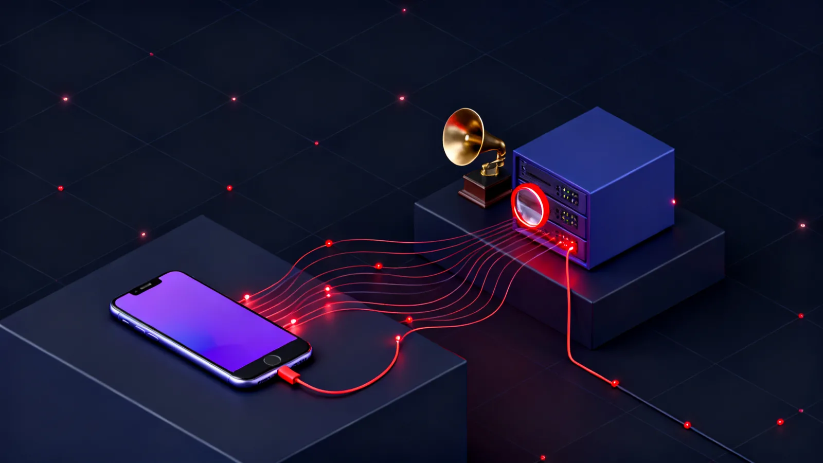 A dark isometric scene: a smartphone on the left joined by glowing red lines to a server block on the right, where a brass listening horn and a lens inspect the incoming lines, most dim and one lit red.