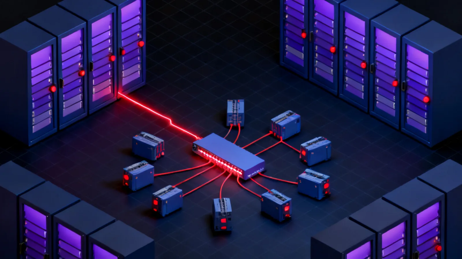 An isometric industrial control room with server racks along the walls, a central network switch and glowing connection lines running to smaller PLC units arranged in a ring, viewed from above at a slight angle.
