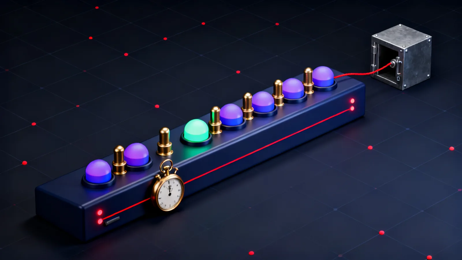 A dark console holding a row of brass signal lamps, one lit green among unlit ones, with a brass stopwatch beside them and a red thread running past the lamps to a small steel vault at the far end.