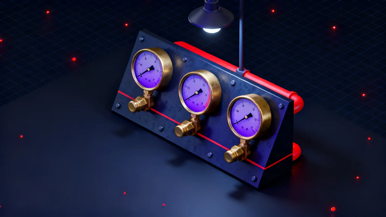 Three brass gauges mounted in a row on a dark steel control panel, each dial reading a different value, joined behind the panel by a single red pipe that surfaces into view only at the third gauge.
