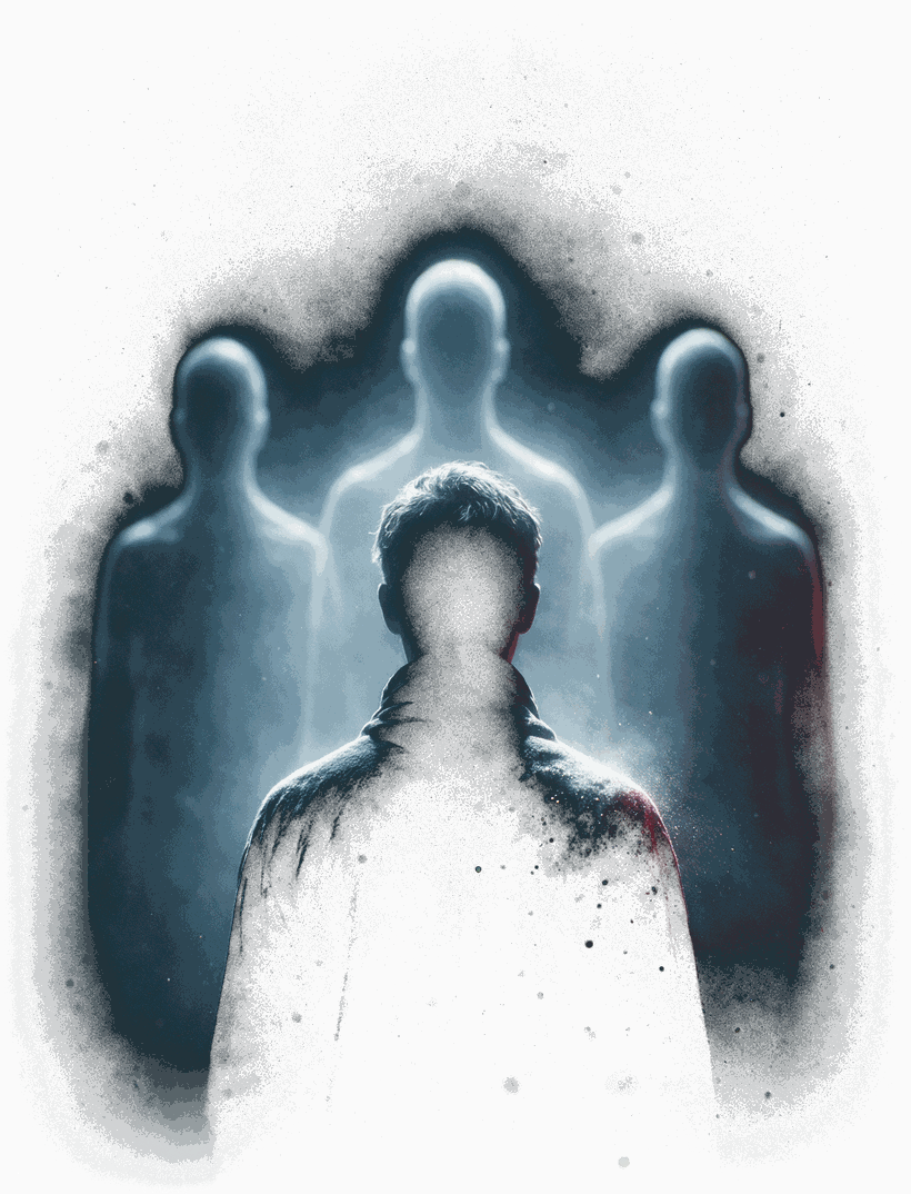 An operator facing three featureless personas rendered in light