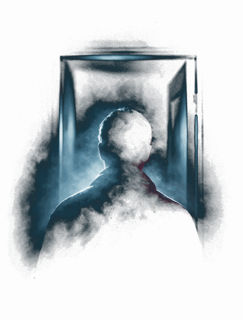 An operator already past the doorway, facing the dark ahead