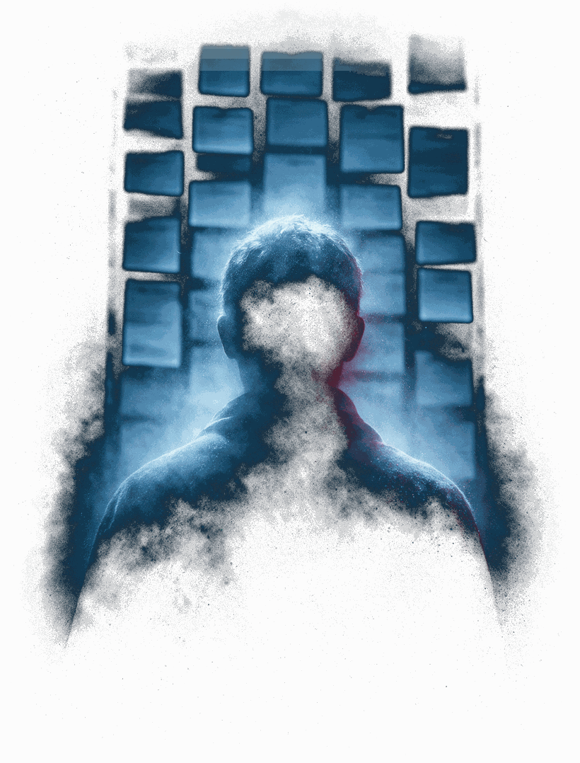 A figure silhouetted before a wall of illuminated records.
