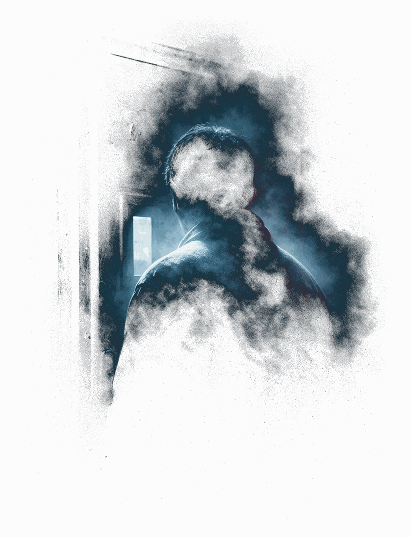 A figure at a closed door lit by a single access panel