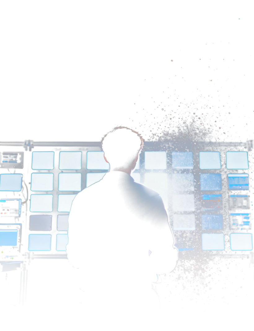An operator facing a wall of glowing panels, each a different system under test