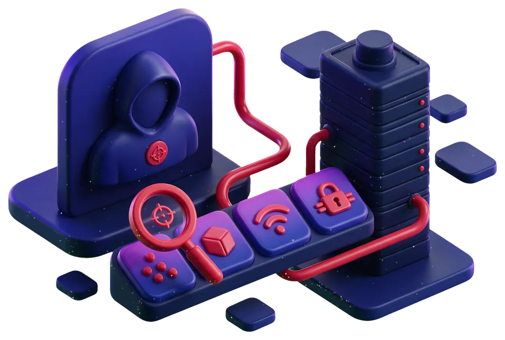 Isometric illustration of adversary simulation: a threat actor profile wired through a chain of techniques to the target system