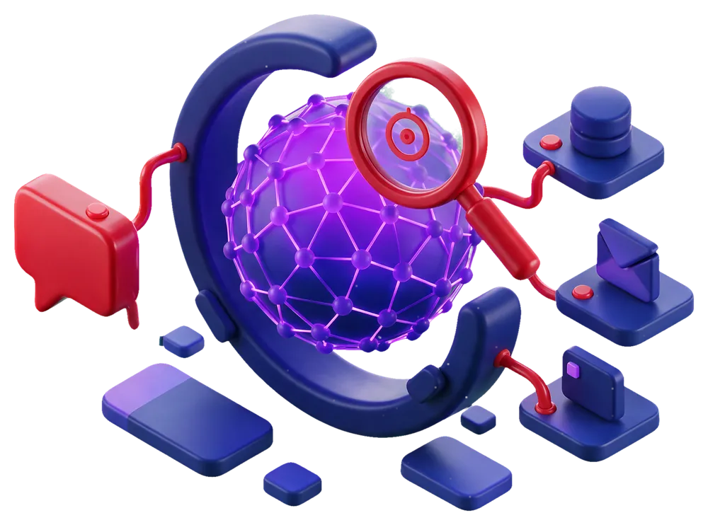 Isometric illustration of a language model application under test: a model core wired to the tools it can call, with a finding under a lens