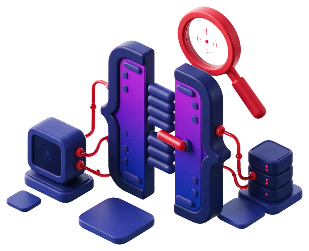 Isometric illustration of an API under test: request panels wired between a client and a server stack, with a finding picked out under a lens