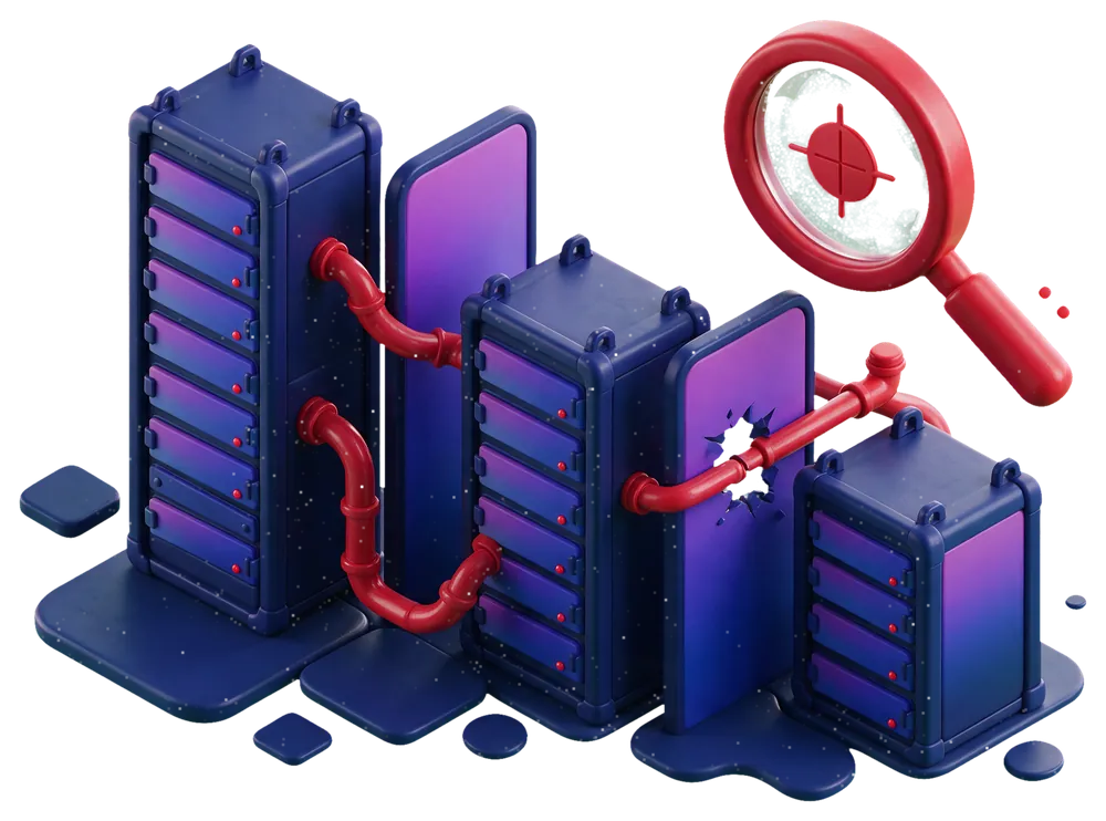Isometric illustration of server racks under test, wired together across network segments, with a finding picked out under a lens