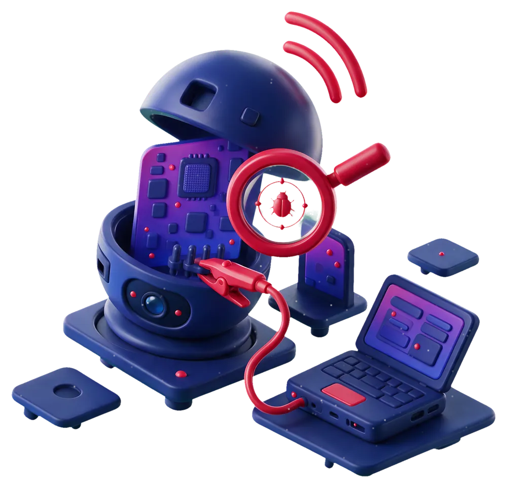 Isometric illustration of a connected device under test: a smart device opened to its board, probed from a laptop