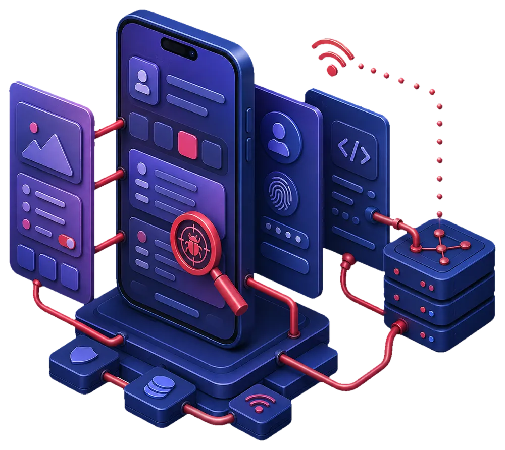 Isometric illustration of a mobile application under test: a phone surrounded by its screens and storage, wired through to the backend, with a finding under a lens