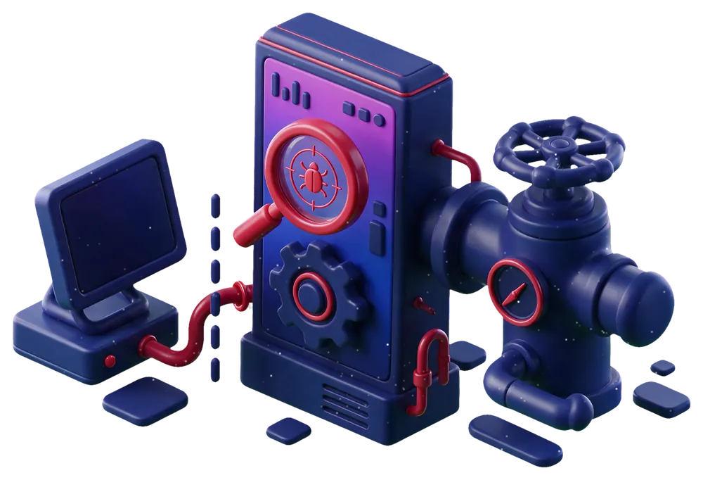 Isometric illustration of industrial control equipment under test: a control cabinet and pipeline valve wired back to an operator workstation