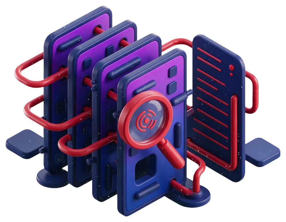 Isometric illustration of a penetration test: layered application, server and network panels examined under a lens