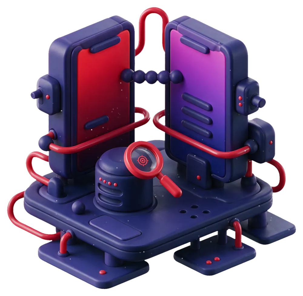 Isometric illustration of a Purple Team session: an offensive and a defensive console wired to each other