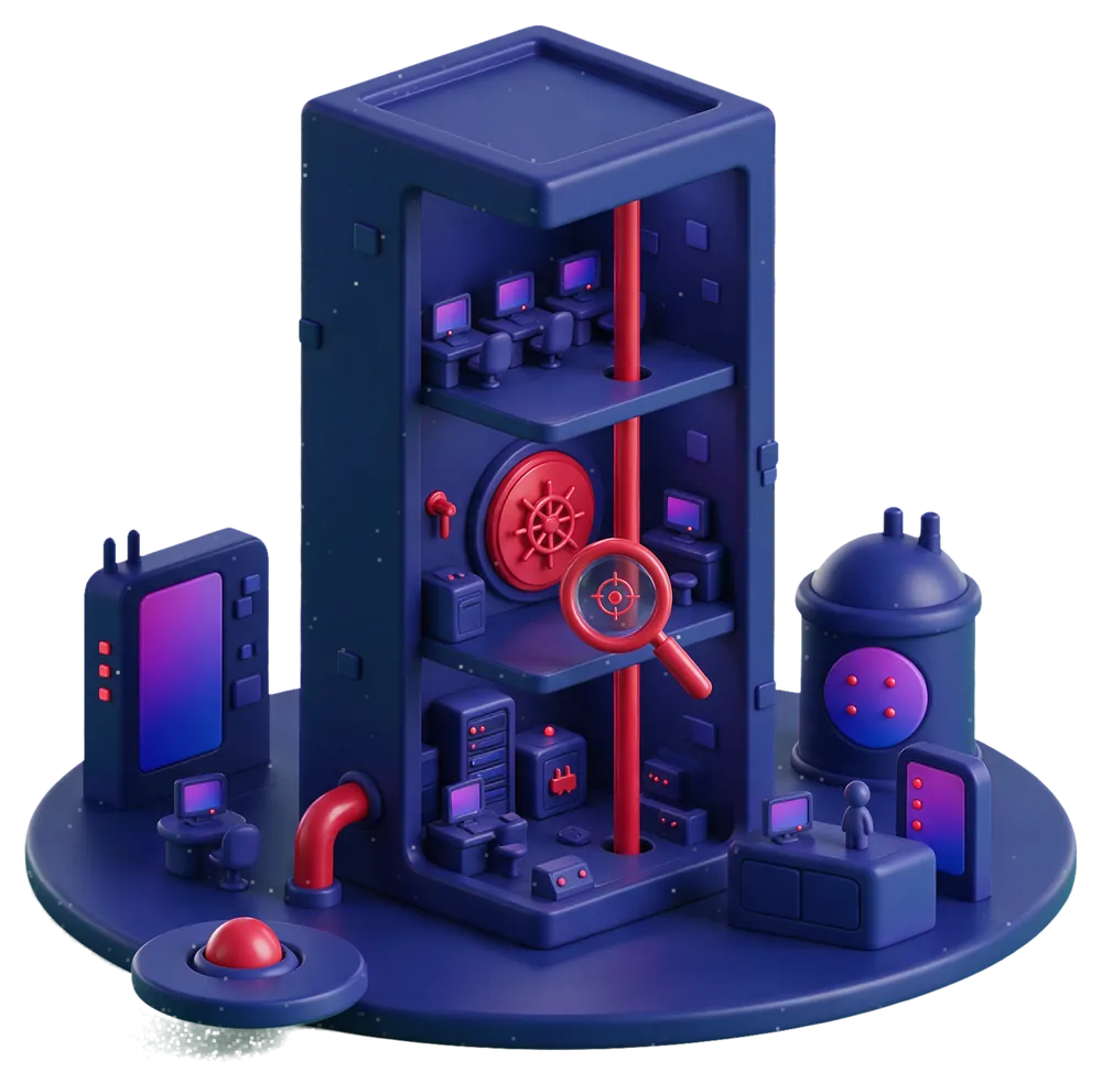 Isometric illustration of a Red Team engagement: a route threading up through an office tower to the vault at its centre