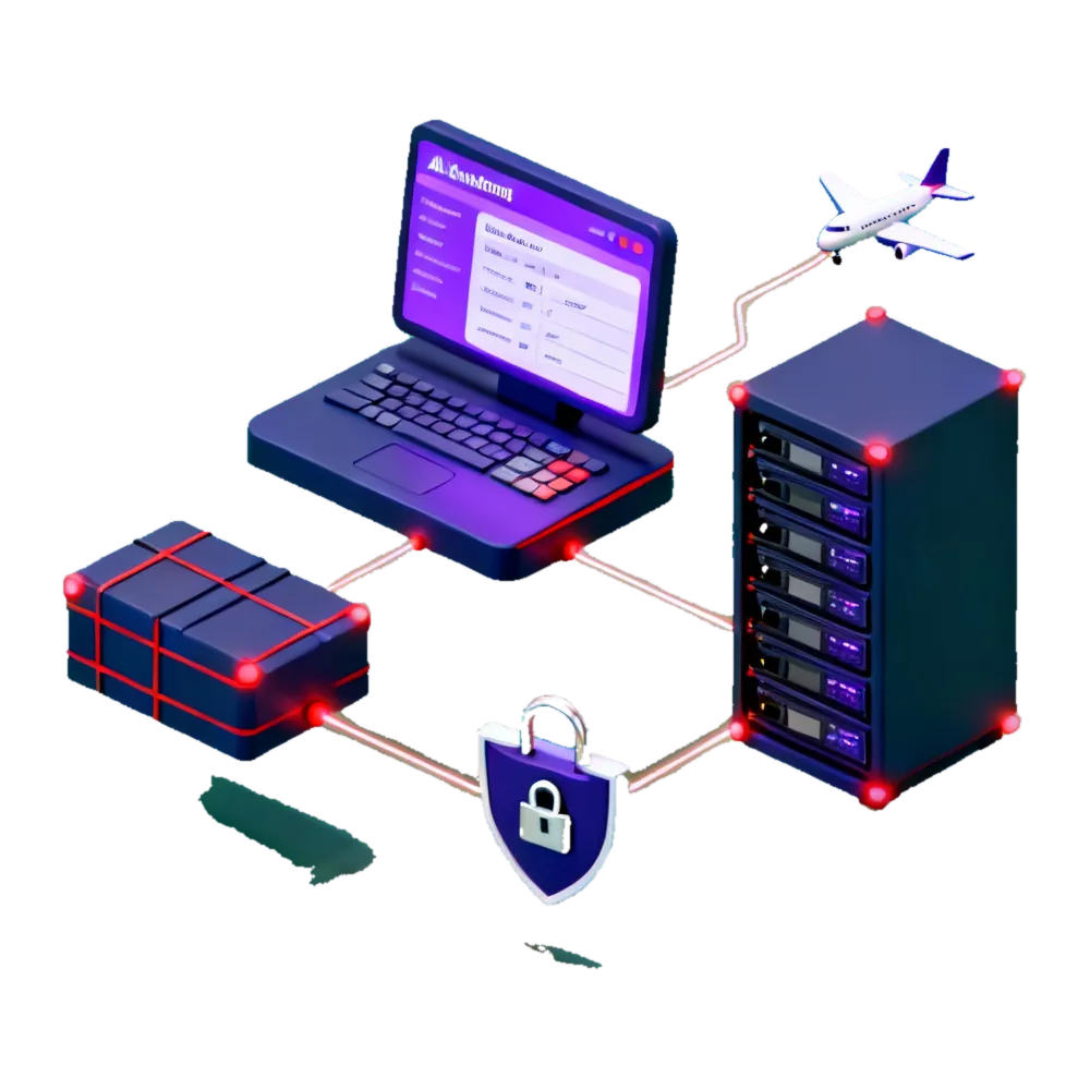Isometric illustration of an aviation and logistics attack surface as connected blocks: a reservation and departure control system, a cargo and freight platform, airport operational technology and a passenger app, with a shield standing over the central operations record