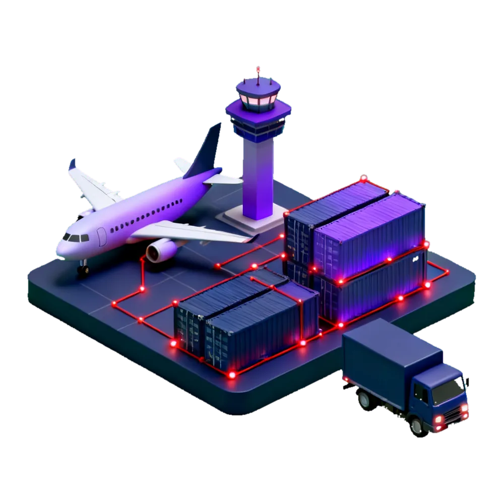 Isometric 3D illustration of aviation and logistics: a passenger airplane, an airport control tower, stacked shipping containers and a delivery truck