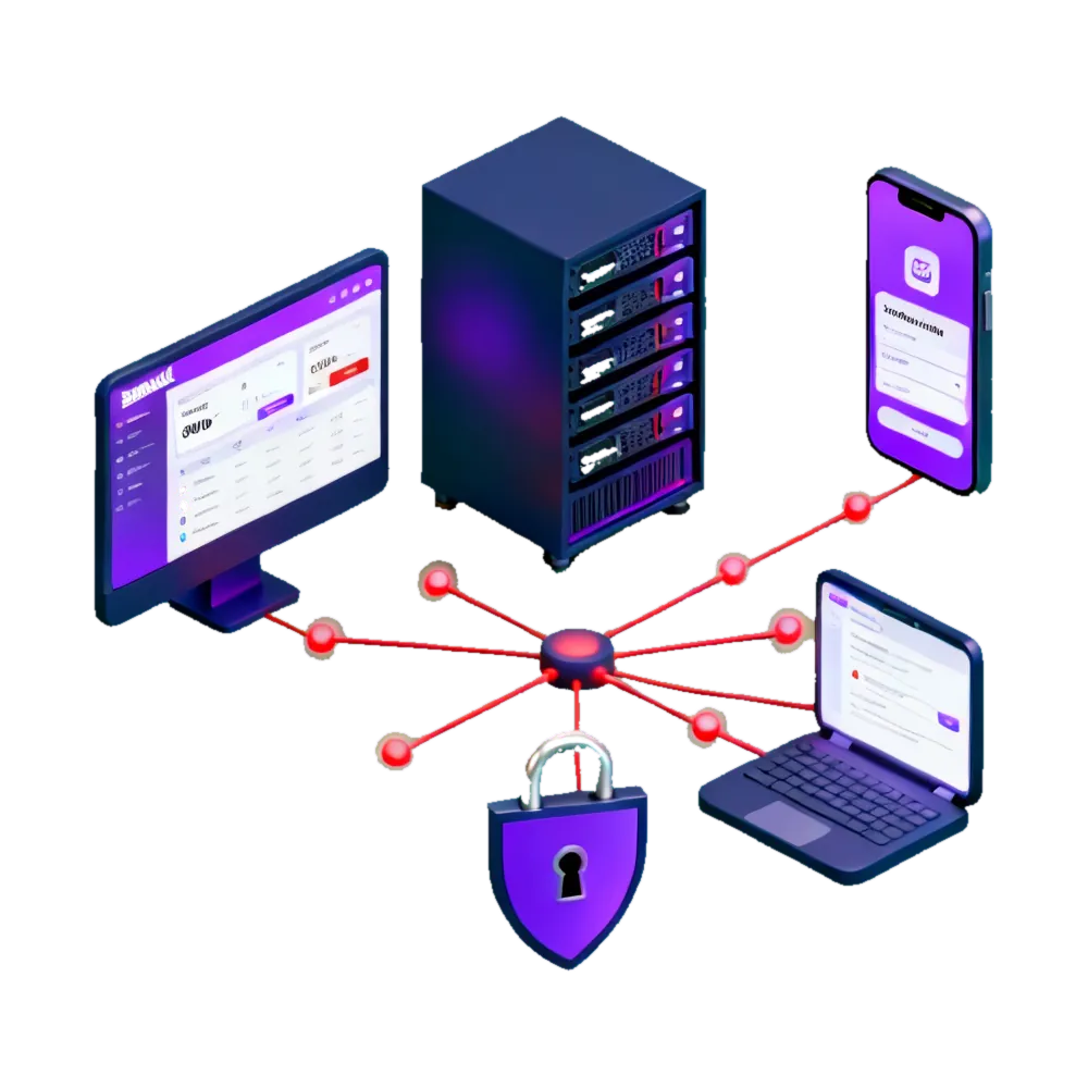 Isometric illustration of a bank's attack surface: an online banking dashboard, a payment-switch server, a mobile banking app and an open-finance API connected by lines, with a padlock standing over them