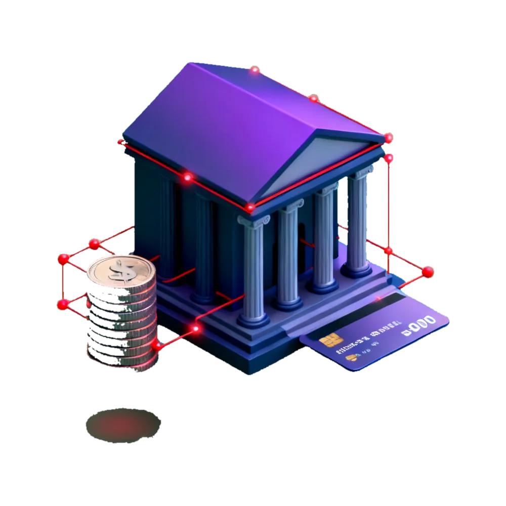 Isometric 3D illustration of banking and financial services: a classical bank building with columns, a stack of coins marked with a currency symbol, and a bank card