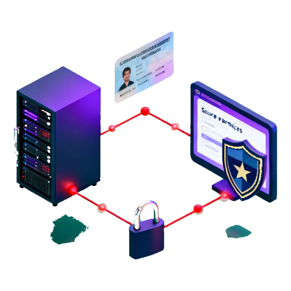 Isometric illustration of a public sector attack surface as connected blocks: a citizen e-services portal, a national identity integration, an inter-entity data-exchange API and a legacy system, with a shield standing over the central citizen record store
