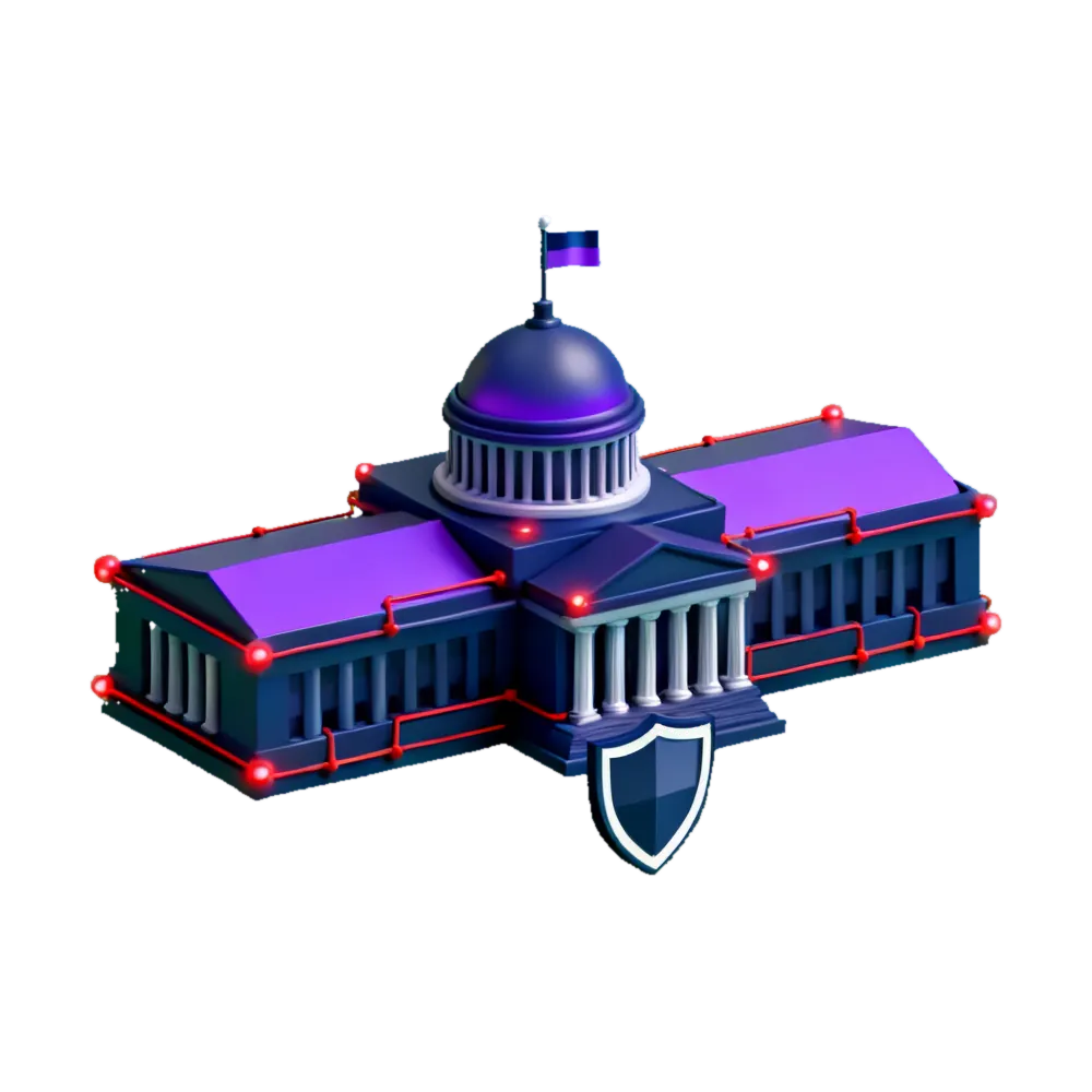 Isometric 3D illustration of government and public sector: a government building with a domed roof and columns, a flag on a pole beside it, and a shield standing guard over the entrance