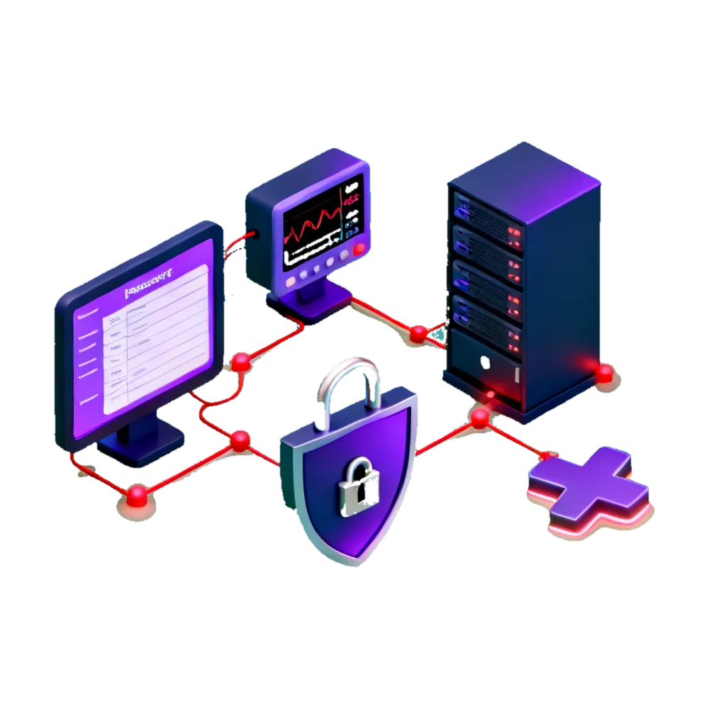 Isometric illustration of a hospital's attack surface as connected blocks: an EMR patient-record store, a PACS imaging server, connected medical devices and a clinical network, with a shield standing over the central record