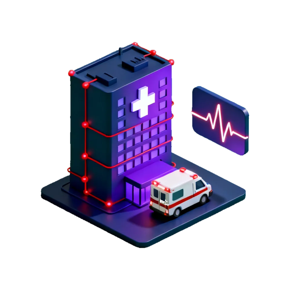 Isometric 3D illustration of healthcare security: a hospital building marked with a medical cross, an ambulance, and a heartbeat line tracing across a monitor