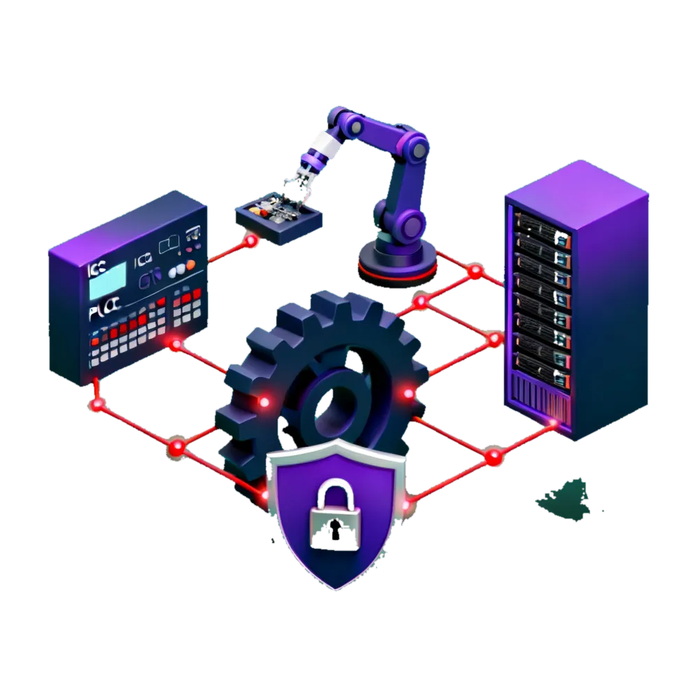 Isometric illustration of a manufacturing attack surface as connected blocks: enterprise IT, the IT/OT boundary, a SCADA server, and the PLCs and HMIs on the plant floor, with a shield standing over the control network