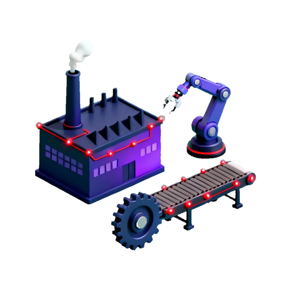 Isometric 3D illustration of manufacturing and industry: a factory with a smokestack, a robotic assembly arm, and a conveyor carrying a large gear