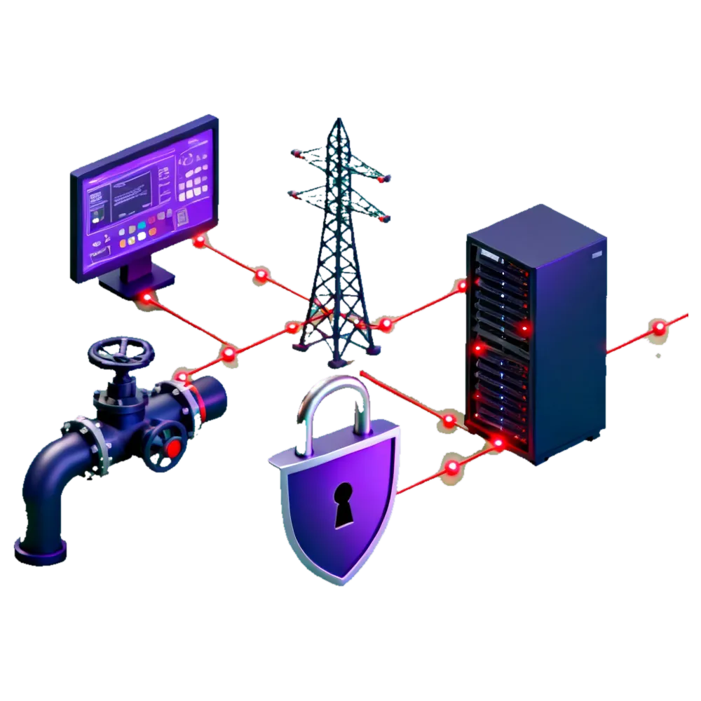 Isometric illustration of an energy operator's attack surface as connected blocks: corporate IT, a SCADA network, a DCS at a plant and remote PLCs and RTUs, with a shield standing over the IT/OT boundary
