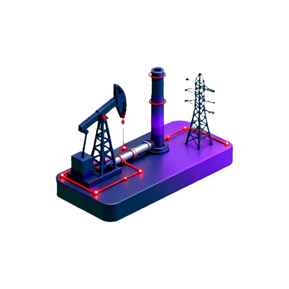 Isometric 3D illustration of oil, gas and energy infrastructure: an oil derrick, a refinery tower with a pipeline, and an electricity transmission pylon