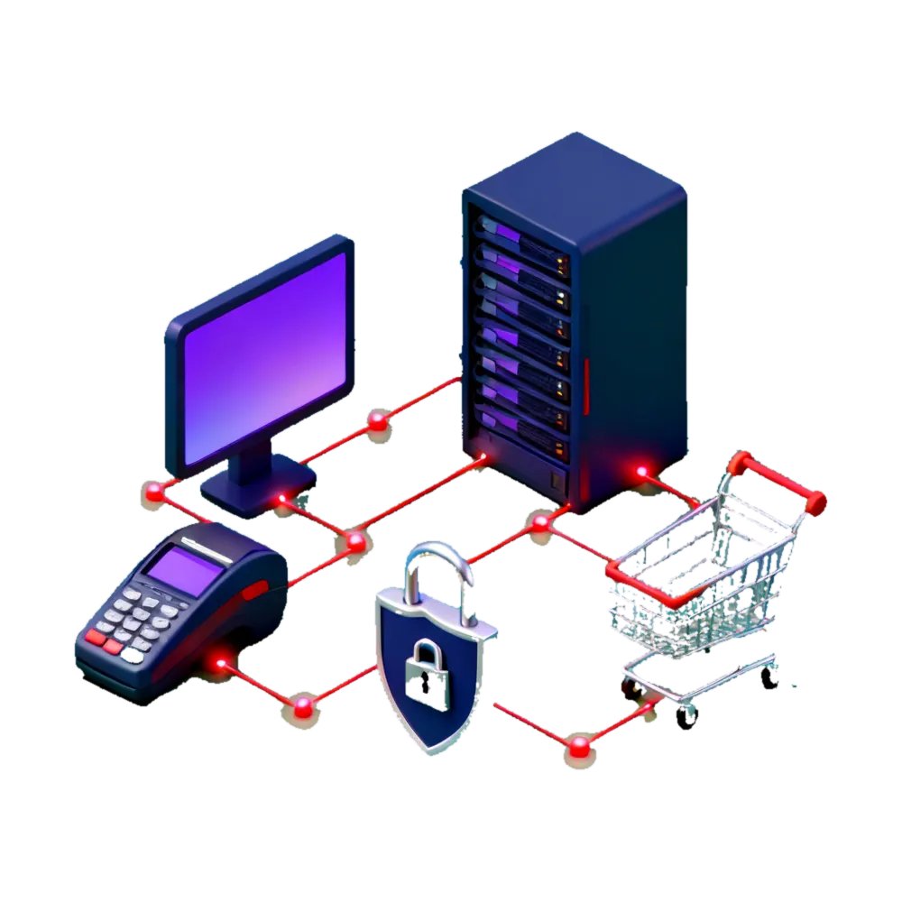 Isometric illustration of a retailer's attack surface as connected blocks: an online storefront, a checkout and payment flow, a point-of-sale terminal and a loyalty programme, with a shield standing over the central customer record