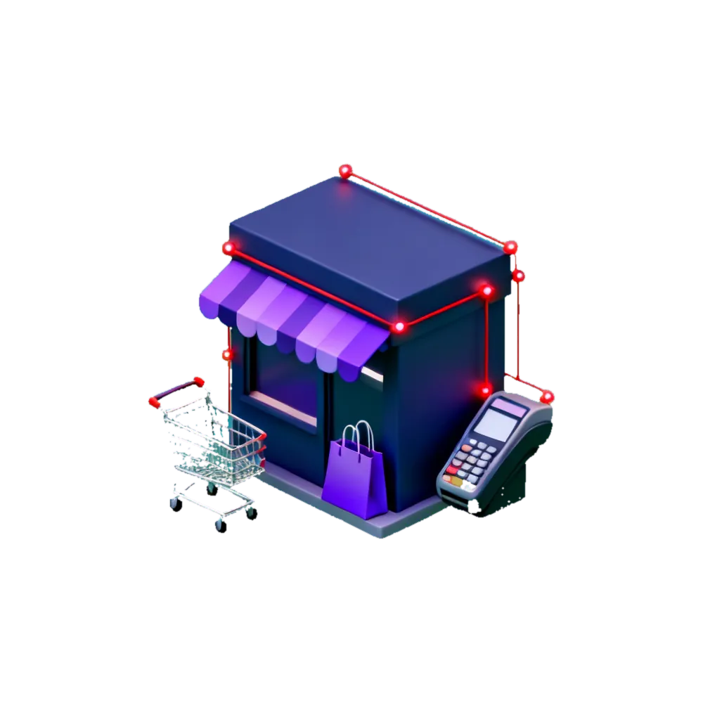 Isometric 3D illustration of retail and e-commerce: a storefront with a striped awning, a shopping cart with bags, and a card payment terminal