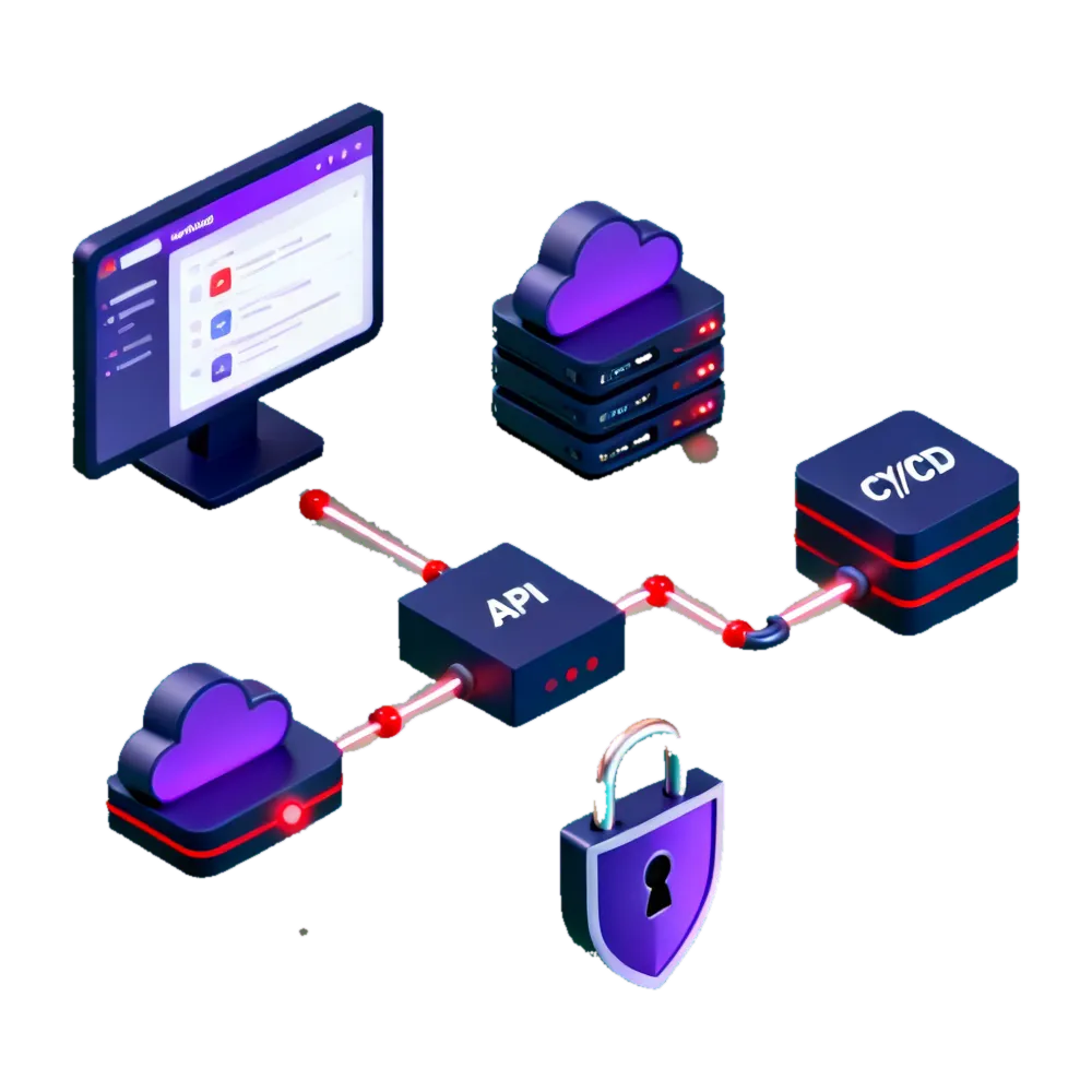 Isometric illustration of a SaaS platform's attack surface as connected blocks: a multi-tenant application, a cloud estate, a public API with webhooks and a CI/CD pipeline, with a shield standing over the central customer-data store