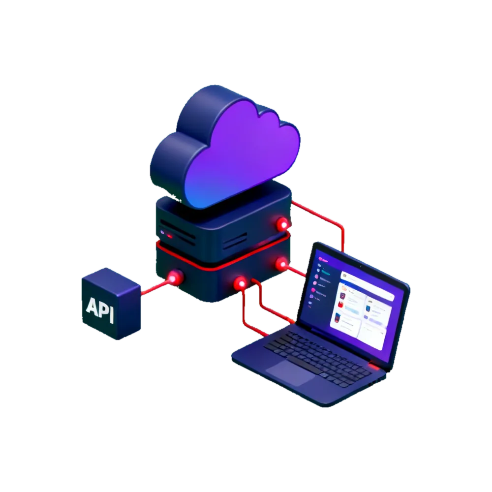 Isometric 3D illustration of technology and SaaS: a cloud server stack connected to a laptop showing application windows, with API connector blocks linking them