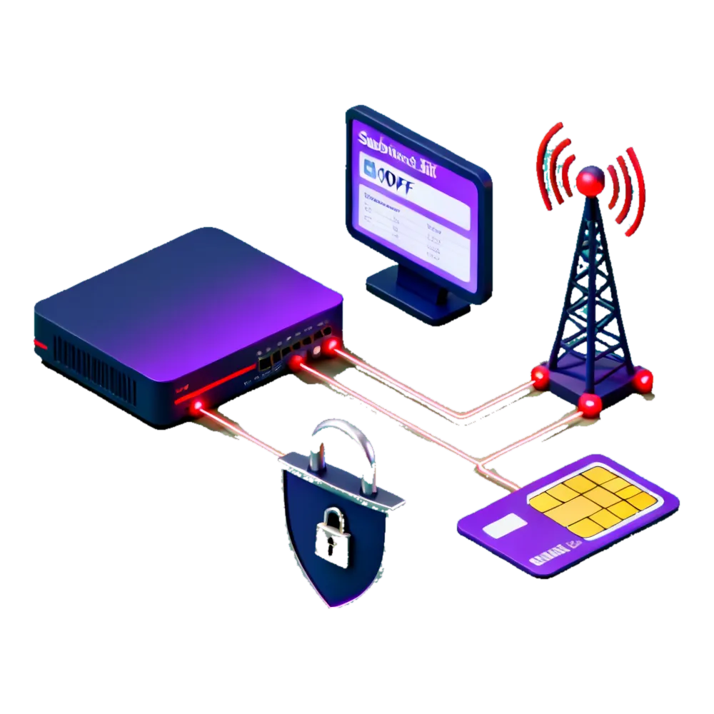 Isometric illustration of a telecom operator's attack surface as connected blocks: core network, a roaming interconnect, an OSS/BSS provisioning system and a self-care portal, with a shield standing over the central subscriber register