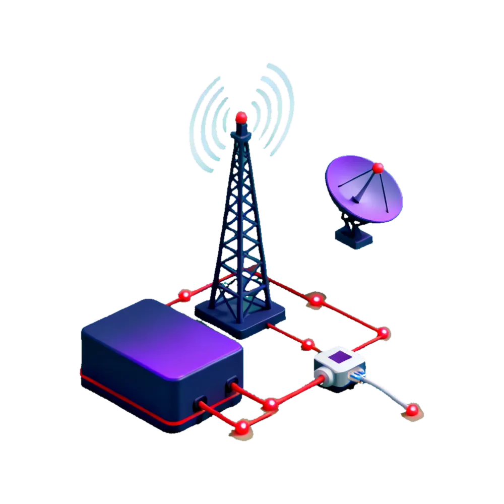 Isometric 3D illustration of telecommunications: a broadcast tower emitting signal waves, a satellite dish and a fibre network node