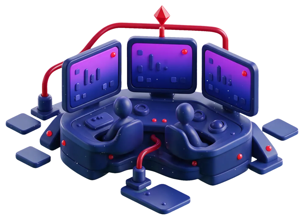 Isometric illustration of a security operations desk: analysts watching monitoring panels, with one alert raised