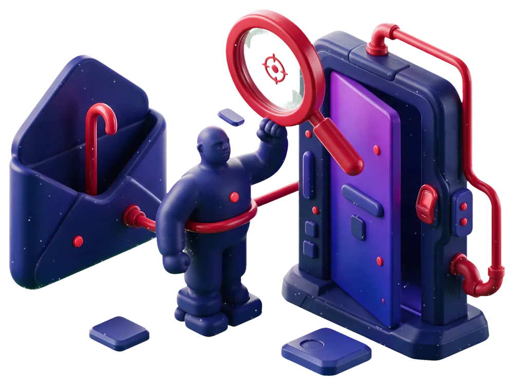 Isometric illustration of social engineering testing: a lure reaching a person, and the door it opens behind them