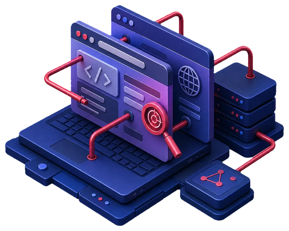 Isometric illustration of a web application under test: browser panels over a laptop, wired through to a database, with a finding picked out under a lens