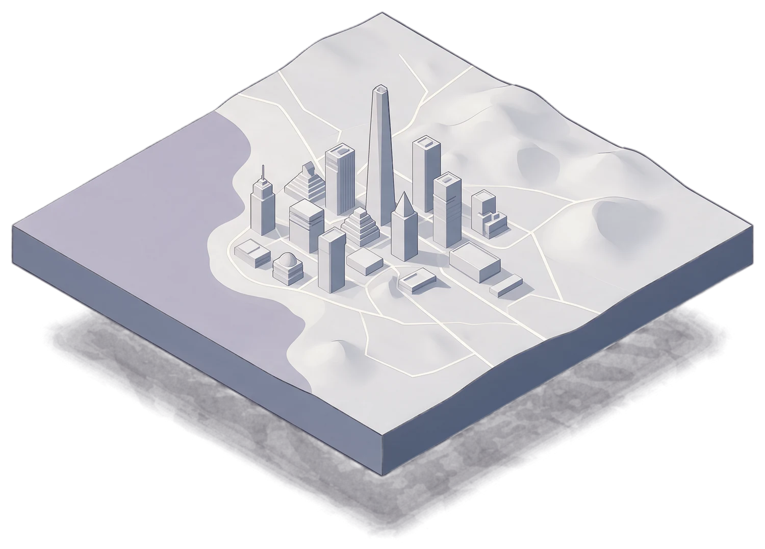 An isometric illustration of a coastal city estate, standing in for the Dubai base the work is run from, with engagements reaching the GCC, Europe and the United States.