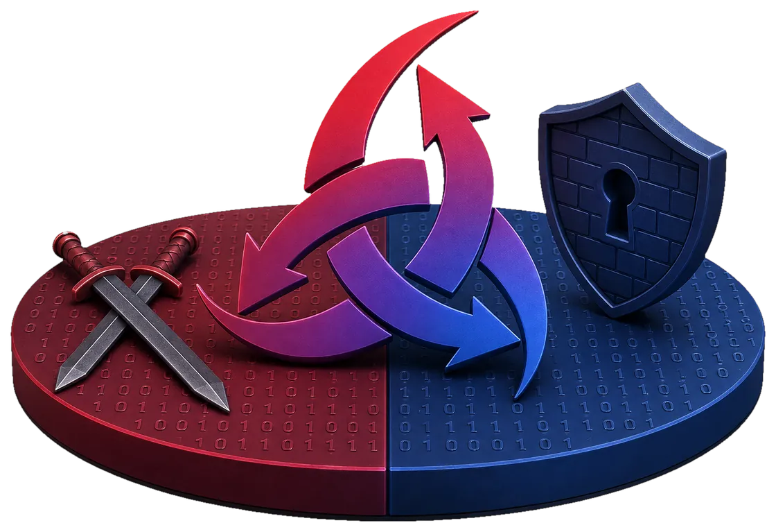 One disc split red and blue, crossed swords on the red half and a shield on the blue, with an exchange curving across the middle